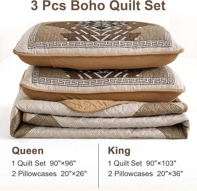 Dintszyayue Boho Queen Size Quilt Set,3 Pieces Aztec Texture Bedding Coverlet Set Brown Bedspread Coverlet Set Soft Microfiber Bed Cover Bohemian Lightweight Bedding Set for All Season(Brown,90"x96")