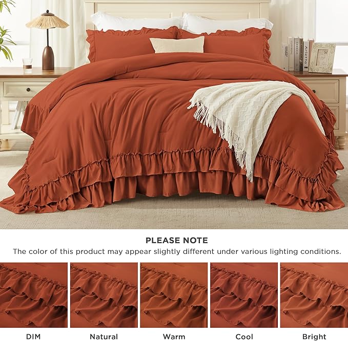 Andency Terracotta King Comforter Set (104x90Inch), 3 Pieces Ruffle Bedding Set with 2 Pillowcases, Farmhouse Shabby Chic Lightweight Fluffy Soft All Season Bed Set, Burnt Orange