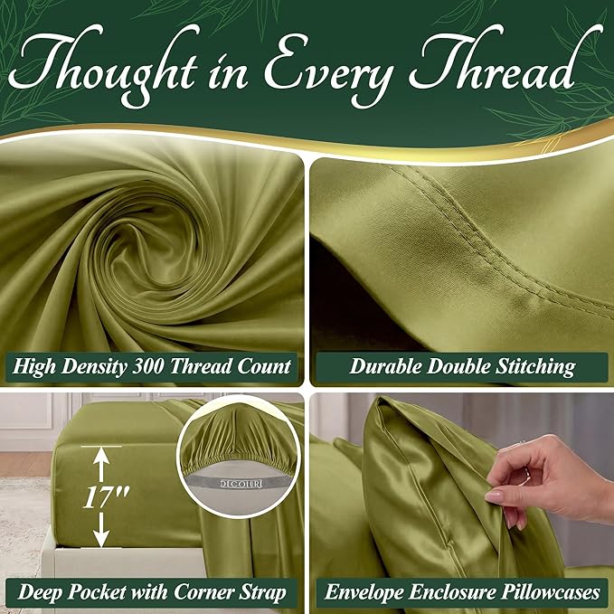 DECOLURE 100% Viscose Derived from Bamboo Sheets Queen Size - Luxury 6 Pc Naturally Cooling Sheets, Ultra Soft Bed Set - Deep 17" Pockets, Durable Double Stitching, Oeko Tex Standard (Light Olive)