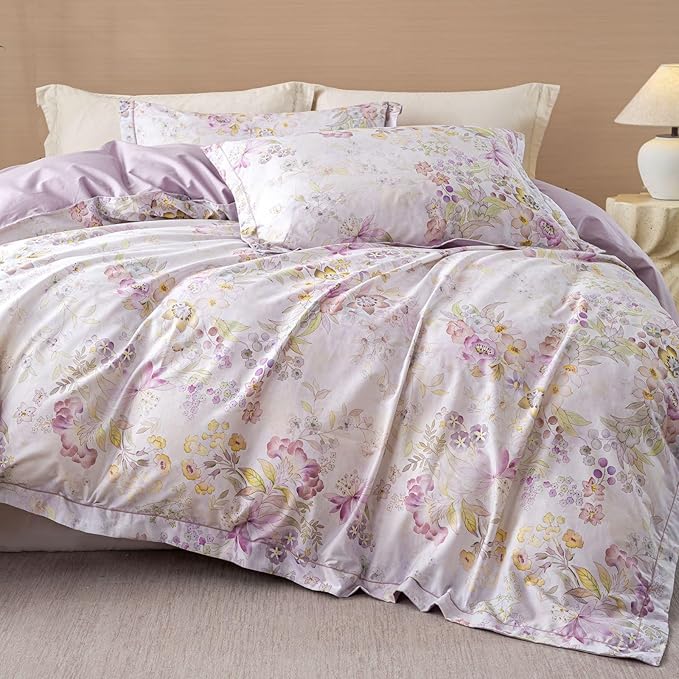 OAITE Duvet Cover Set Queen Size Floral Pattern Ultra Soft 100% Cotton Duvet Cover Sets 3-PC, Breathable Duvet Cover with Zipper Closure & Corner Ties(2 Pillow Shams,1 Duvet Cover)