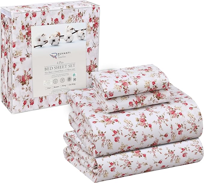 RUVANTI 100% Cotton Sheets King Size 4-Piece Set Percale Bedding, Cooling & Breathable Floral Design Bouquet, Durable with a Crisp, Soft & Comfortable Feel, 16" Deep Pocket