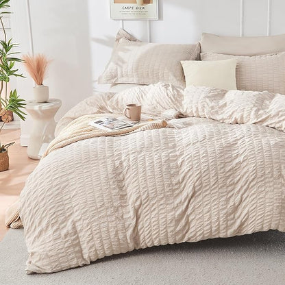 HYMOKEGE Beige Duvet Cover Full Size, Ultra Soft 3-Piece Seersucker Duvet Cover Set with Zipper Closure, Soft Brushed Microfiber Bedding Set with 8 Corner Ties (80"x90", 2 Pillowshams)