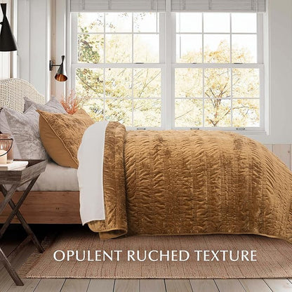 EVERGRACE Luxury Ruched Velvet Quilt Queen Size, Ultra Soft Bedspread Coverlet Set, Lightweight Velvet Comforter, Quilted Bedding Cover with 2 Matching Shams for All Season, Gold Yellow