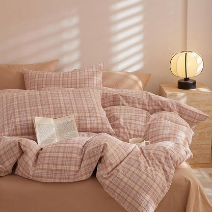 Plaid Twin XL Comforter Set Down Alternative Cute Bedding Set Fluffy Washed Cotton Cozy Boho Bedding Comforter Sets Super Soft Modern Farmhouse Bedroom Bed Comforter with 2 Pillowcases