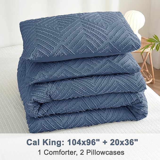 Litanika California King Comforter Set Ocean Blue, 3 Pieces Tufted Boho Farmhouse Bedding Comforter Sets, Lightweight Fluffy Comforter Bed Set All Season (104x96In Comforter & 2 Pillowcases)