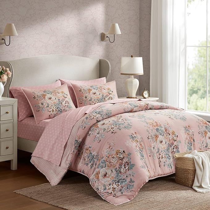 Madison Park Essentials Floral Comforter Set King Size, Vintage Flower Bedding Set with Sheet Set, 7 Pieces Bed in a Bag with Reversible Botanical Comforter and Pillowcases & Shams, Heather, Pink