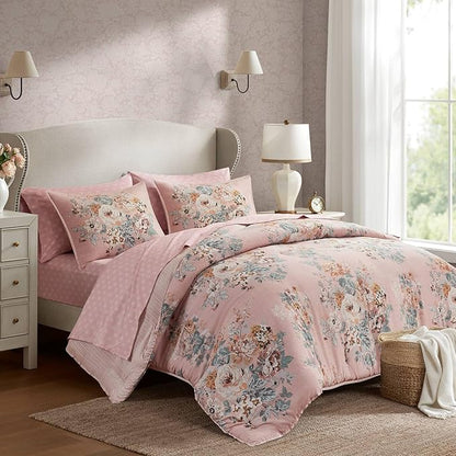 Madison Park Essentials Floral Comforter Set Queen Size, Vintage Flower Bedding Set with Sheet Set, 7 Pieces Bed in a Bag with Reversible Botanical Comforter and Pillowcases & Shams, Heather, Pink