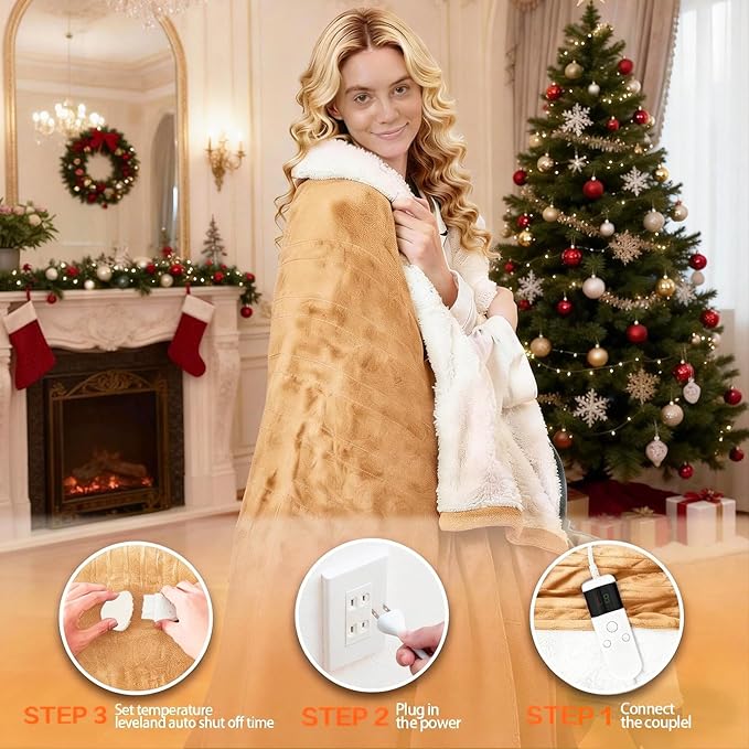 Electric Heated Blanket Twin Size 62''x84'' -Control Heating Blanket, Soft & Warm Flannel 10-Level Temperature Control, 8 Hours Auto Off, Rapid Heating & Overheat Protection