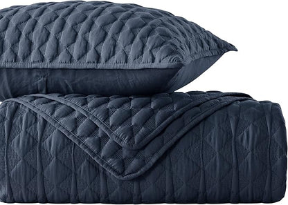WDCOZY Navy Blue Quilt Queen Size Bedding Sets with Pillow Shams, Lightweight Soft Bedspread Coverlet, Quilted Blanket Thin Comforter Bed Cover, All Season Spring Summer, 3 Pieces, 90x90 inches