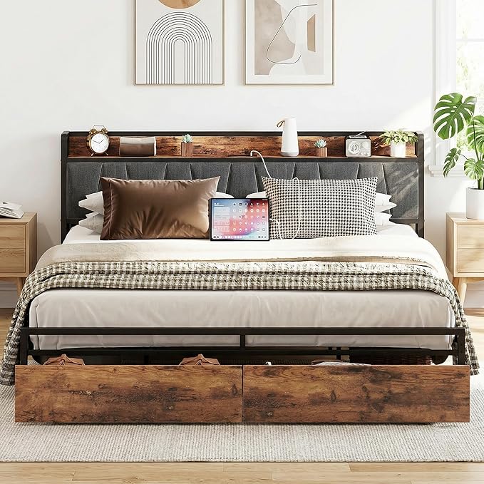 LIKIMIO King Size Bed Frame, Storage Headboard with Charging Station, Platform Bed with Drawers, No Box Spring Needed, Easy Assembly, Industrial Brown and Gray