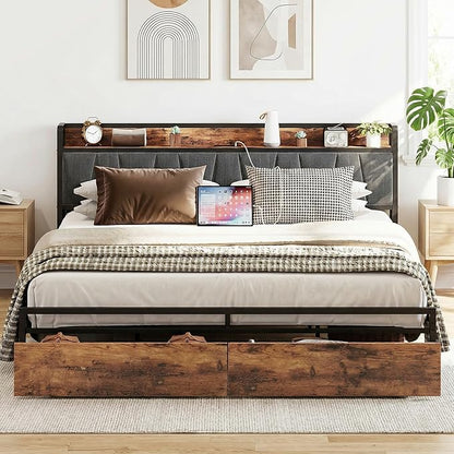 LIKIMIO King Size Bed Frame, Storage Headboard with Charging Station, Platform Bed with Drawers, No Box Spring Needed, Easy Assembly, Industrial Brown and Gray