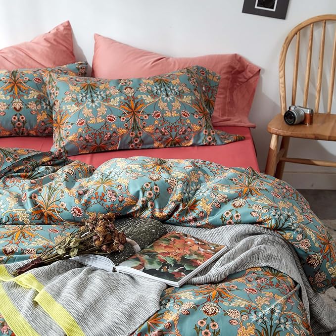 mixinni Vintage Style Garden Flower Duvet Cover Set with Zipper Closure Long Staple Percale Cotton Yellow Vibrant Pattern on Bedding Quilt Cover Set(California King, All Season)