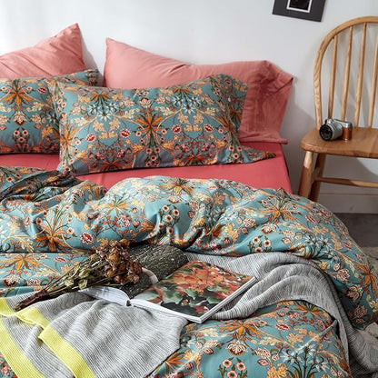 mixinni Vintage Style Garden Flower Duvet Cover Set with Zipper Closure Long Staple Percale Cotton Yellow Vibrant Pattern on Bedding Quilt Cover Set(California King, All Season)