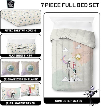 Disney Nightmare Before Christmas Full Size Comforter Set - 7 Piece Jack and Sally Bedding Includes Sheet Set & Pillow Covers - Super Soft Ombre Bedding