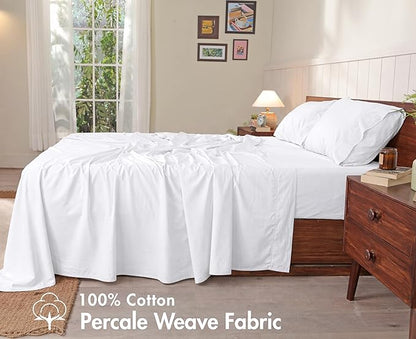 RUVANTI 100% Cotton Sheets – California King Percale Bedding, Cooling & Breathable, Durable with a Crisp, Soft & Comfortable Feel, 14" Deep Pocket, 4-Piece Set, Bright White