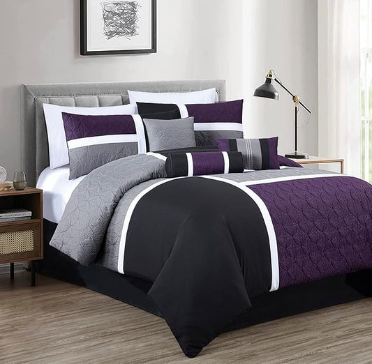 Chezmoi Collection Upland 7-Piece Quilted Patchwork Comforter Set, Purple/Black/Gray, Full