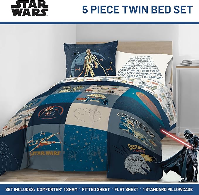 Jay Franco Kids Comforter Set Includes Sheets and Pillow Covers - Soft and Cozy Bed Set for Stylish Room Decor, Blue - Star Wars 01, 5 Piece Twin Bedding