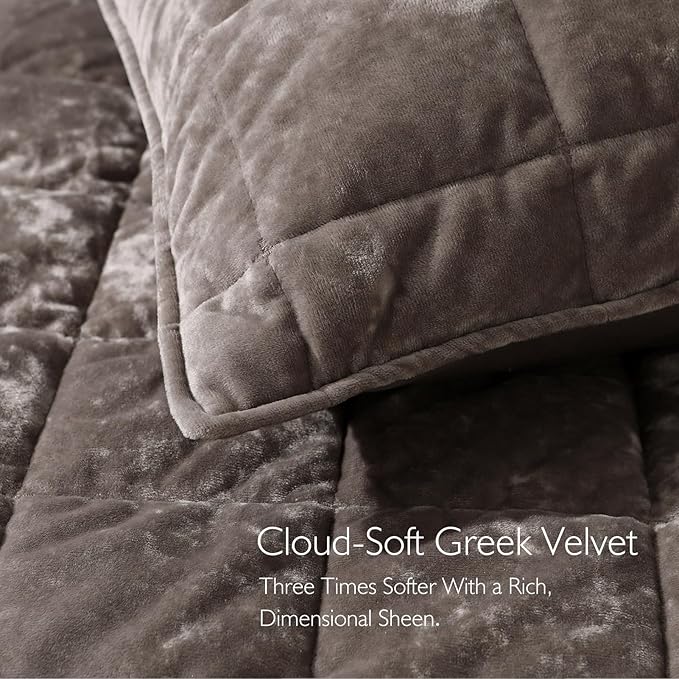 KASENTEX Greek Velvet Queen Quilt Set, 3× Softer Luxe Sheen, 100% Cotton Backing, 150GSM Down-Alternative Fill, Expanded 98×98" Coverage for Fuller Side Drape (1 Quilt + 2 Pillow Shams), Fossil