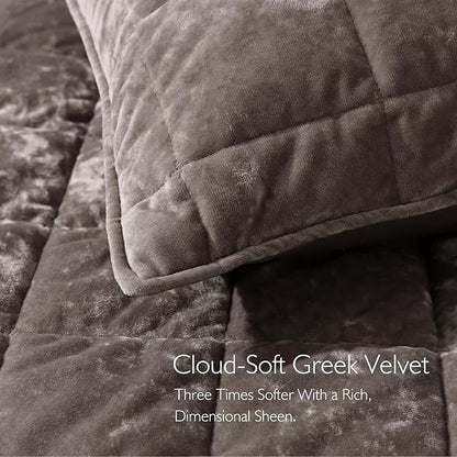 KASENTEX Greek Velvet Queen Quilt Set, 3× Softer Luxe Sheen, 100% Cotton Backing, 150GSM Down-Alternative Fill, Expanded 98×98" Coverage for Fuller Side Drape (1 Quilt + 2 Pillow Shams), Fossil