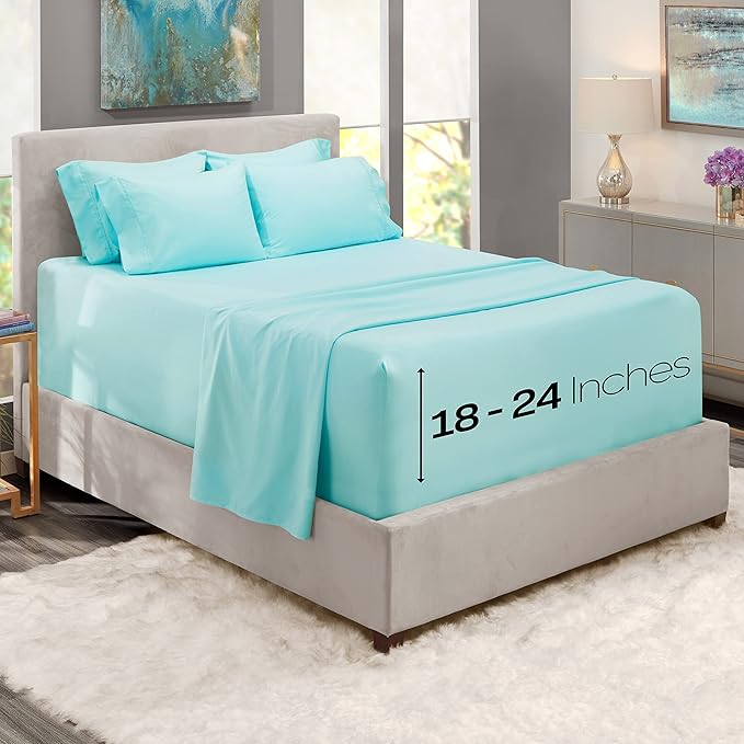 Hearth & Harbor Extra Deep Pocket Queen Sheets Sets - Fits Mattress 18-24 Inches Deep - Extra Deep Pocket Sheets - 6 Piece Queen Size - Aqua Blue