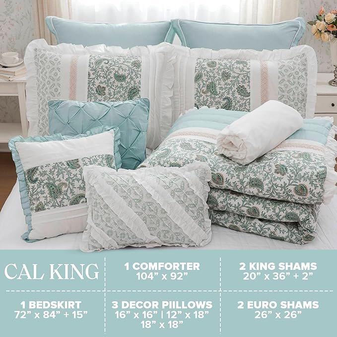 Madison Park Dawn 100% Cotton Shabby Chic Comforter Set-Modern Cottage Design All Season Down Alternative Bedding, Matching Shams, Bedskirt, Decorative Pillows, Cal King(104"x92"), Aqua 9 Piece