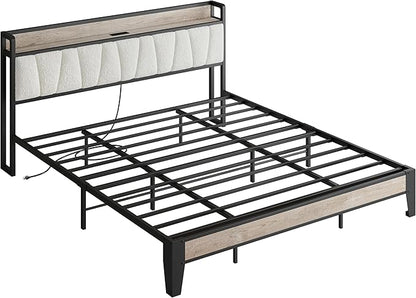 LIKIMIO California King Bed Frames, Bouclé Storage Headboard with Charging Station, Solid and Stable, Noise Free, No Box Spring Needed, Easy Assembly