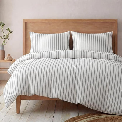Bedbay Cotton Striped Duvet Cover Set Queen Size, Black & White Minimal Bedding Set, 100% Cotton Sateen,Soft Breathable Hotel Style Comforter Cover with Zipper Closure & Corner Ties