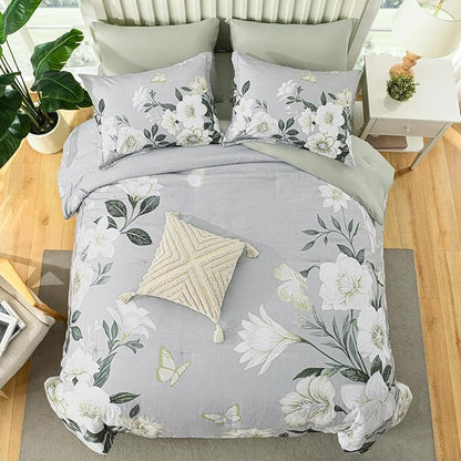 Floral Comforter Set Queen Size,7 Piece Sage Green Bed in a Bag, Elegant Flower Pattern Comforter Set with Sheet, Soft Microfiber Complete Bedding Sets for All Season