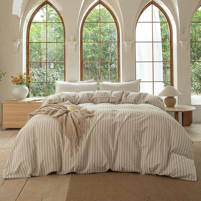 Striped Duvet Cover Set 100% Washed Cotton Linen Like Soft Feelling Breathable Bedding(Strip-Beige/White,Twin)