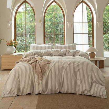 Striped Duvet Cover Set 100% Washed Cotton Linen Like Soft Feelling Breathable Bedding(Strip-Beige/White,Twin)