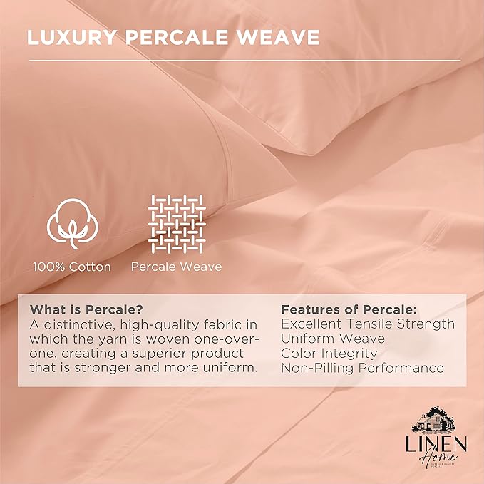 Linen Home 100% Cotton Percale Pillowcases Queen Size, Tropical Peach, 2 Pieces of Pillow Case, Crisp and Cool Strong Bed Linen, 20 inches X 30 inches