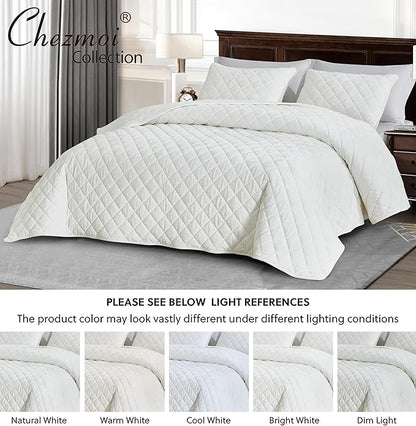 Chezmoi Collection Lux Cream White Velvet Quilt Oversized King Set, 3-Piece Plush Distressed Velvet Bedding All Season Lightweight Comforter Brushed Microfiber Reverse with Diamond Stitch Quilting