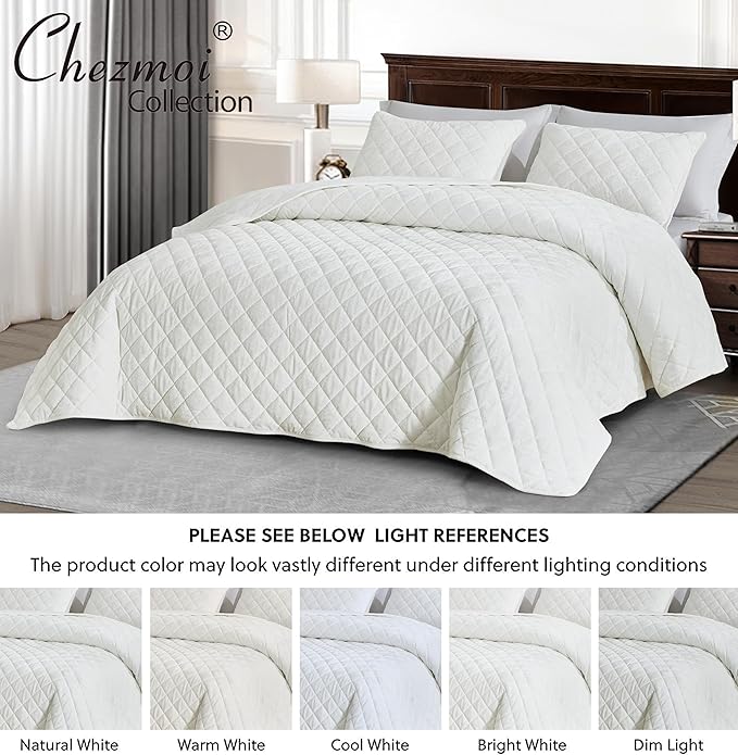 Chezmoi Collection Lux Cream White Velvet Quilt Queen Set, 3-Piece Plush Distressed Velvet Bedding All Season Lightweight Comforter Brushed Microfiber Reverse with Diamond Stitch Quilting