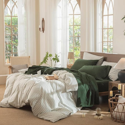 MooMee Bedding Sheet Set 100% Washed Cotton Linen Like Textured Breathable Durable Soft Comfy (Solid Forest Green, California King)