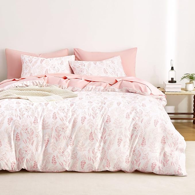 Wake In Cloud - Floral Duvet Cover Set, Botanical Vintage Flower Coquette Cottagecore Aesthetic for Women Teen Girls, Soft Lightweight Bedding, 3-Piece, Blush Pink, Queen Size