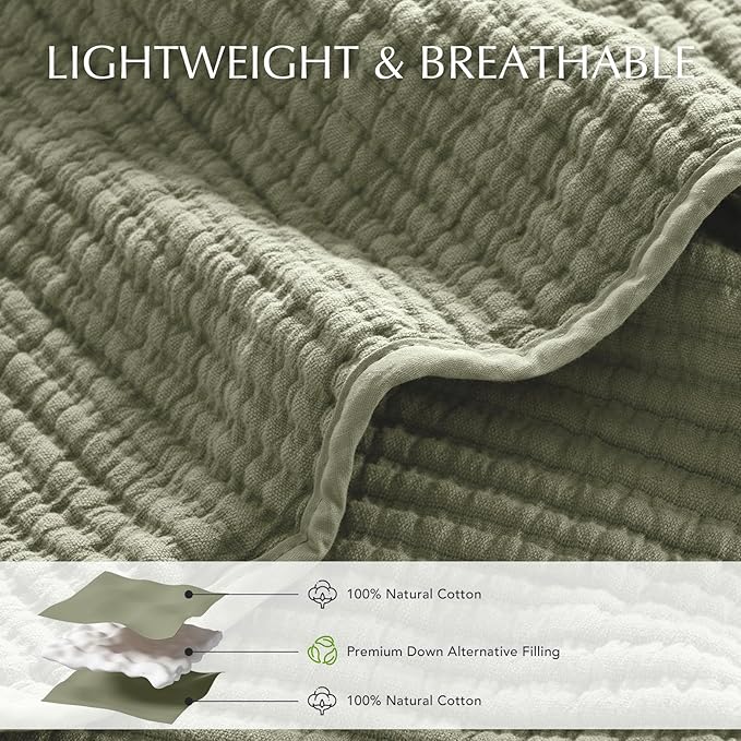 EVERGRACEHOME Cotton Coverlet Set Full Queen Size 3 Pieces, Lightweight Soft Ribbed Matelassé Bedspread Quilt Set, Oversized Quilted Bedding Set with 2 Pillow Shams for All Seasons, Light Sage Green