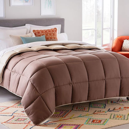 Linenspa Reversible Down Alternative Comforter and Duvet Insert, for Queen Size Bed – All-Season Comforter with Box Stitch and 8 Duvet Loops – Bedding for Kids, Teens, and Adults – Sand / Mocha