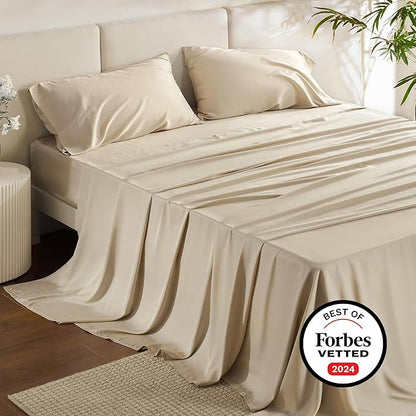 Bedsure California King Sheet Sets, Cooling Sheets for Hot Sleepers, Rayon Derived from Bamboo, Deep Pocket Up to 16 Inches, PureWoven, Breathable & Soft, Hotel Luxury Silky Bedding, Beige