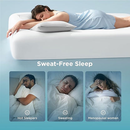 Bedsure Cooling Fitted Sheet Queen Size for Hot Sleeper, Queen Fitted Sheet Only with 360° Elastic Band, Q-Max 0.4, Temperature Regulation Bedding for Night Sweats, 16" Deep (up to 18"), White