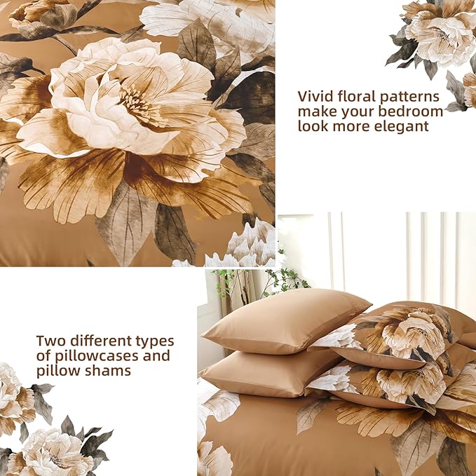Dobuyly Brown Comforter Set Queen Size 7 Piece Bed in a Bag, Floral Printed on Brown Comforter Set with Sheets, Soft Microfiber Botanical Fall Complete Bedding Set for All Season