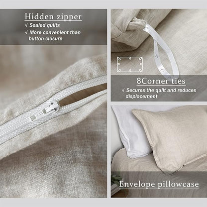 XZ XIFA Linen Duvet Cover Queen Size,100% Natural French Flax, Breathable & Durable Bedding, Farmhouse Cooling Duvet Cover Sets 3pcs-1 Duvet Cover and 2 Pillowcases(Queen Size, Linen)