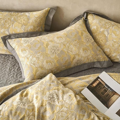 mixinni Duvet Cover Queen, Premium Cotton Double-Layer Yarn Golden Floral Jacquard Reversible Grey Comforter Cover with Edge Design, Farmhouse Bedding Set with 2 Pillowcases Perfect for Him and Her
