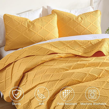 Yiran Mustard Yellow Quilt Set King Size, 3 Piece Reversible Bedspreads Bedding Set, Winter Diamond Pattern Coverlet for All Season with 2 Pillow Shams (King, 106x96 Inch)