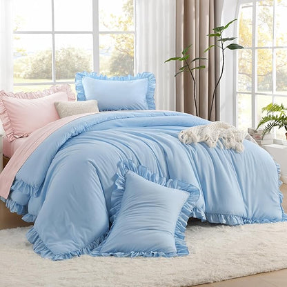 Litanika Light Blue Full Size Comforter Sets, 3 Pieces Ruffle Farmhouse Aesthetic Bedding Comforter Sets, All Season Soft Lightweight Fluffy Microfiber Bed Set(79x90In Comforter, 2 Pillowcases)