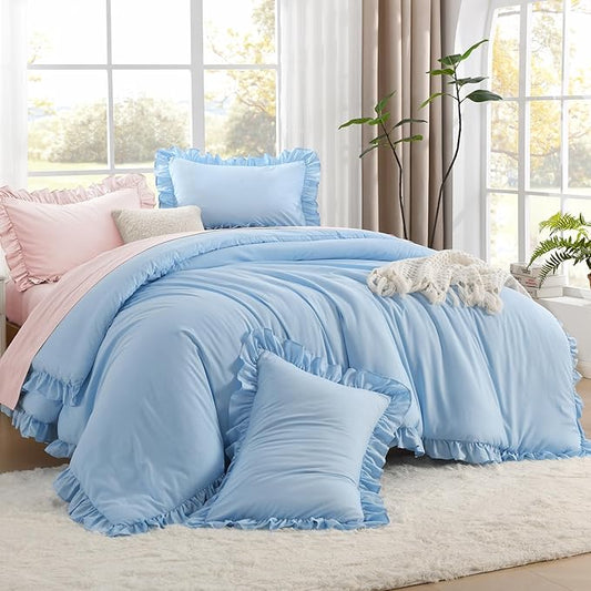 Litanika Light Blue Full Size Comforter Sets, 3 Pieces Ruffle Farmhouse Aesthetic Bedding Comforter Sets, All Season Soft Lightweight Fluffy Microfiber Bed Set(79x90In Comforter, 2 Pillowcases)