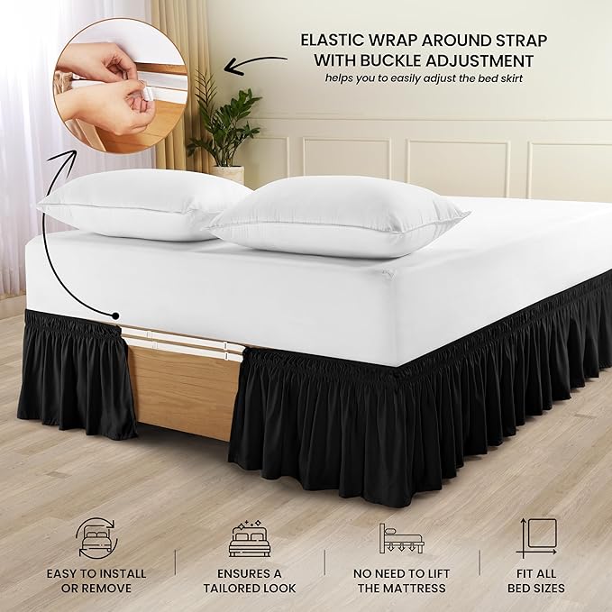 Utopia Bedding Queen Elastic Bed Ruffle - Easy Wrap Around Ruffle - Microfiber Bed Skirt with Adjustable Buckle & Elastic Belt, 16 Inch Tailored Drop - Hotel Quality Bedskirt, Fade Resistant (Black)