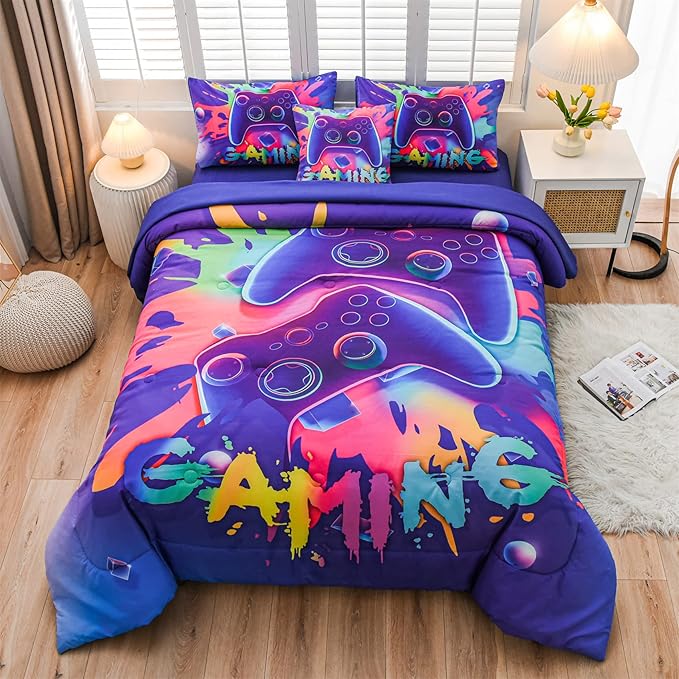 Aimuan Gaming Comforter Sets for Boys Kids Bedding Sets Video Games Console Action Buttons Novelty Colorful Game Gamepad Controller Modern Gamer Room Decor Home Quilt Set (Twin 6 Pcs,Purple)