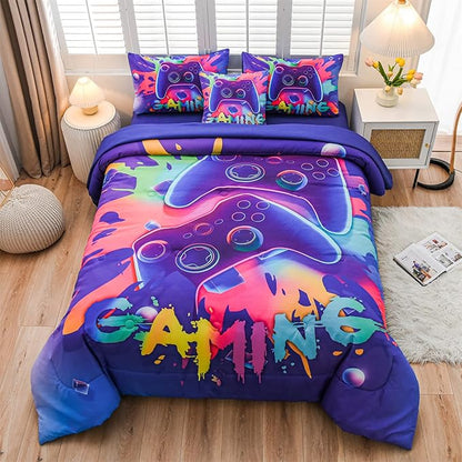 Aimuan Gaming Comforter Sets for Boys Kids Bedding Sets Video Games Console Action Buttons Novelty Colorful Game Gamepad Controller Modern Gamer Room Decor Home Quilt Set (Twin 6 Pcs,Purple)
