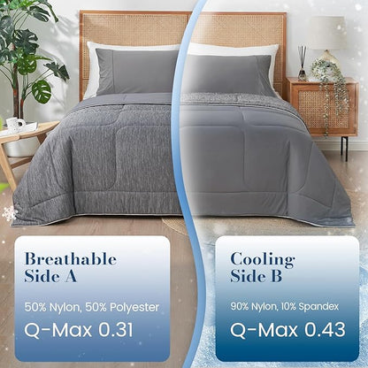 Amélie Home Cooling Comforter Queen Size, Dual-Sided Lightweight Cooling Blanket for Hot Sleepers, Q-Max 0.43 Breathable Cooling Quilt for Night Sweats, 90" x 90", Heather Charcoal Grey