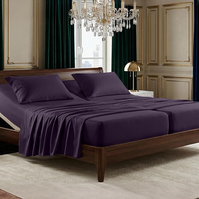 Elegant Comfort Luxurious 1500 Premium Hotel Quality Microfiber Three Line Embroidered Softest 5-Piece Bed Sheet Set, Wrinkle and Fade Resistant, Split King, Eggplant-Purple